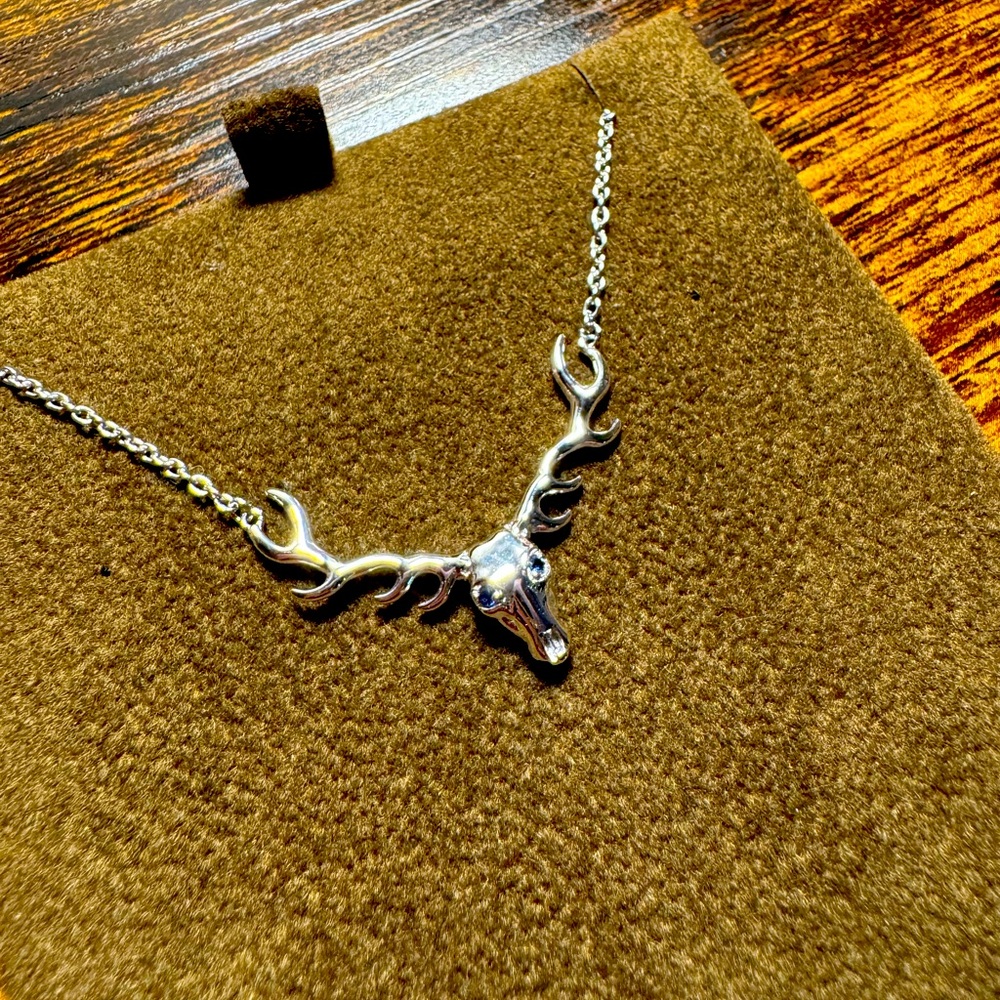 Silver Antler Pendant with Real Blue Sapphire Eyes 18”